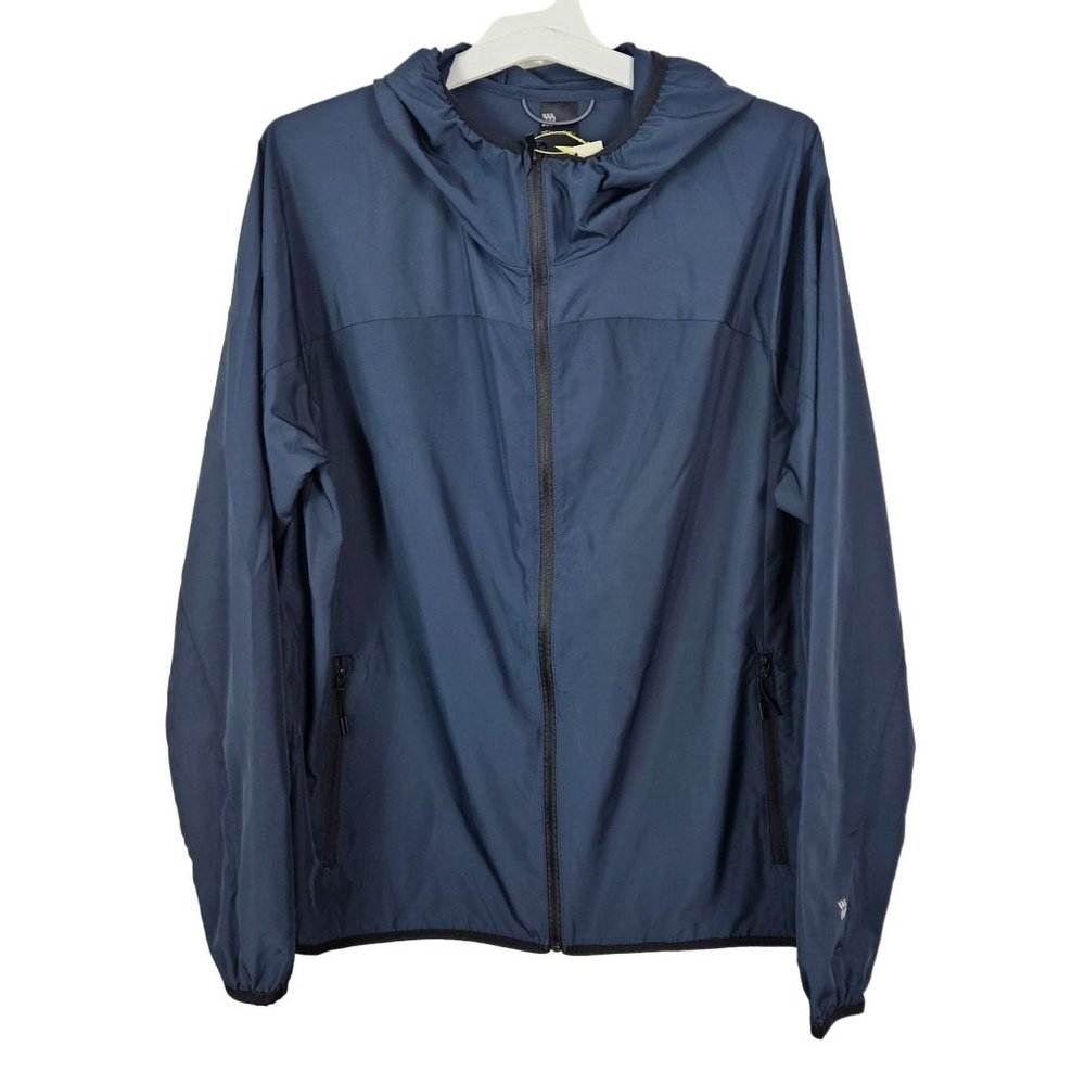 All In Motion Men Jacket Size Large Hooded Blue Lightweight Water Repellent Zip